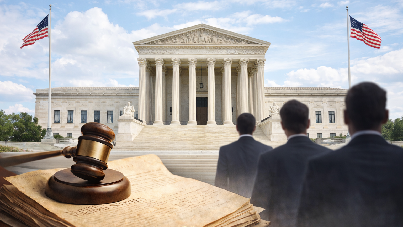 US Supreme Court building with gavel and legal documents symbolizing judicial power